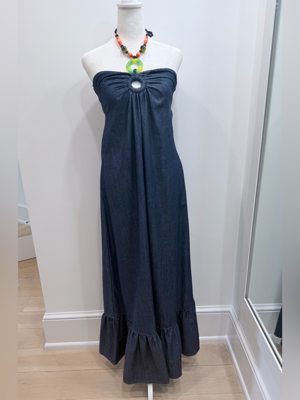 Denim Strapless Maxi Dress with Keyhole Detail Necklace - Size Small